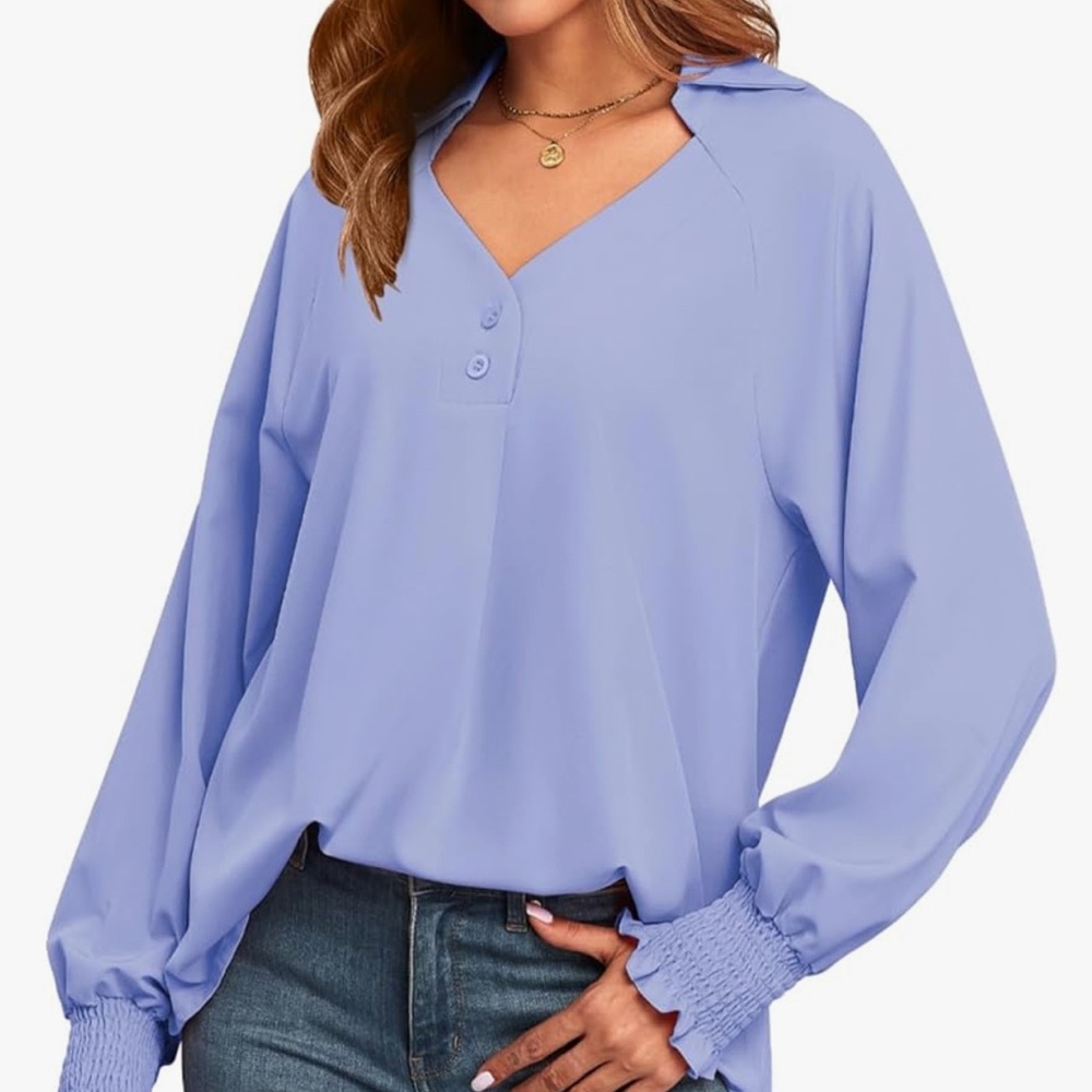 Women Loose V-Neck Shirts Lantern Sleeve Blouse Tops